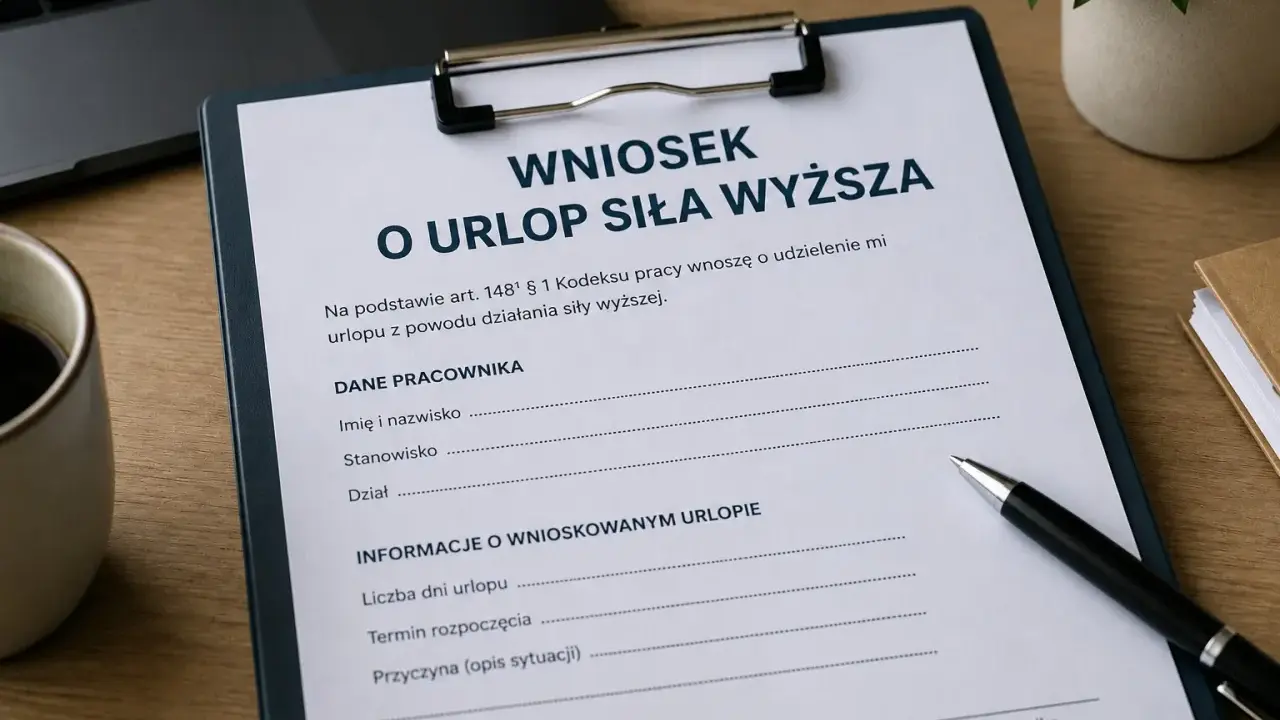 Wniosek o urlop siła wyższa. Dokument zawiera dane pracownika i informacje o wnioskowanym urlopie.