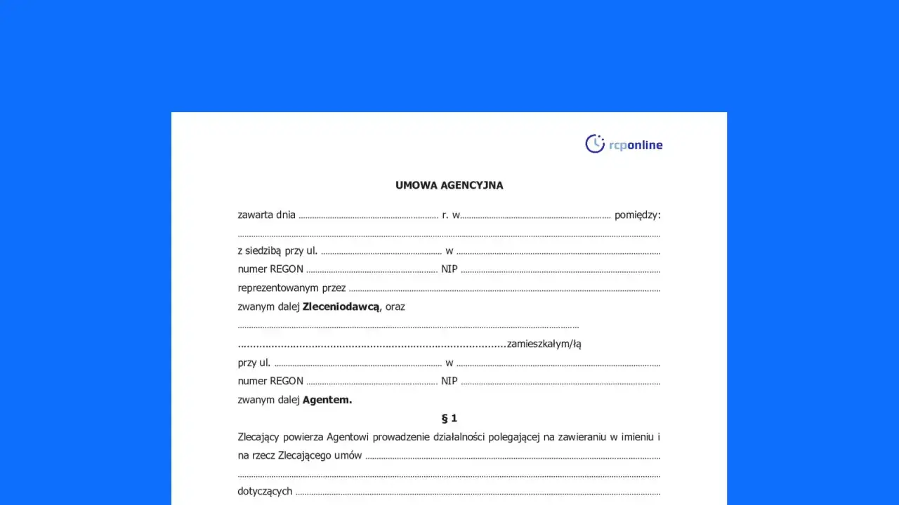 Umowa agencyjna z logo rcponline. Dokument zawiera pola do wypełnienia danych stron umowy, w tym Zleceniodawcy i Agenta.
