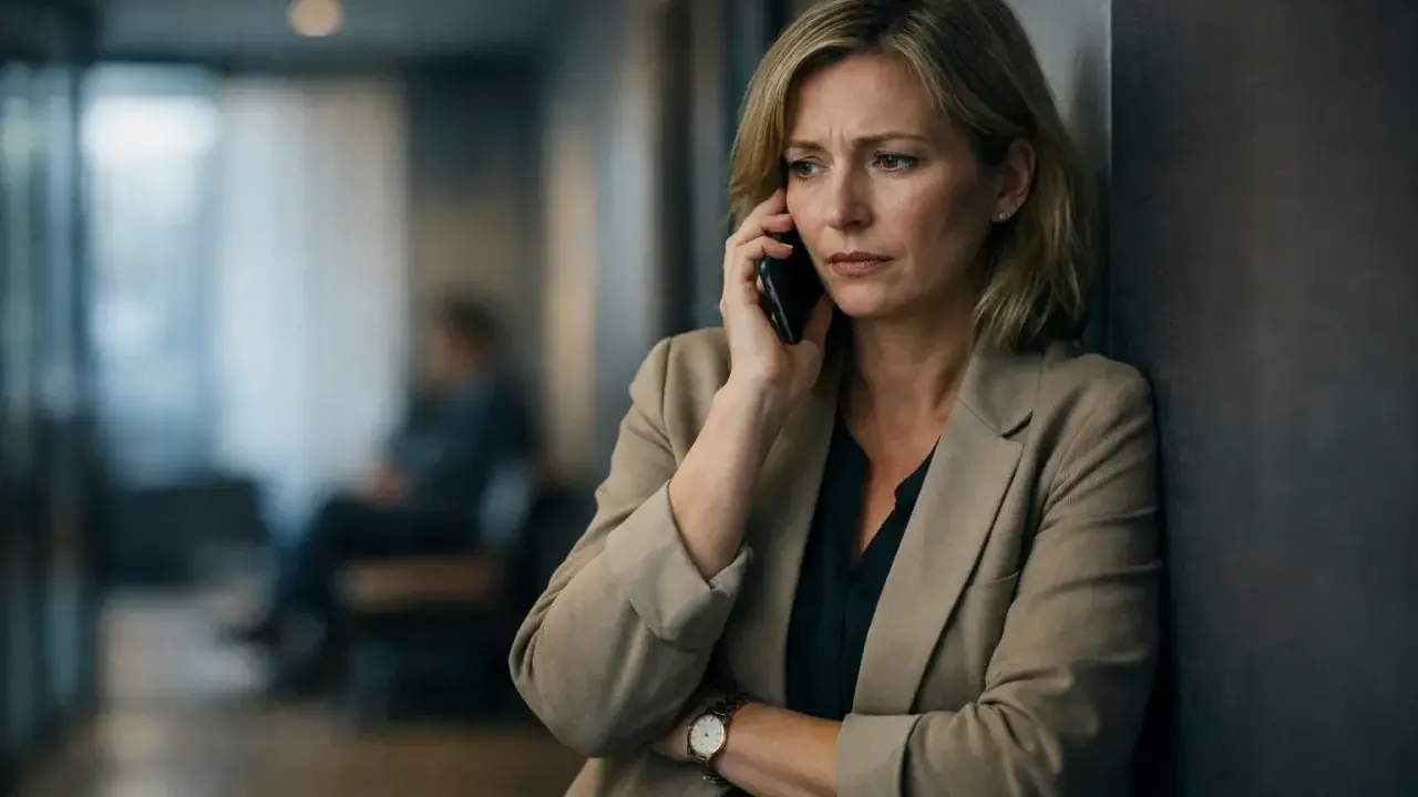 Zmartwiona kobieta rozmawia przez telefon, martwiąc się o odsetki ustawowe.