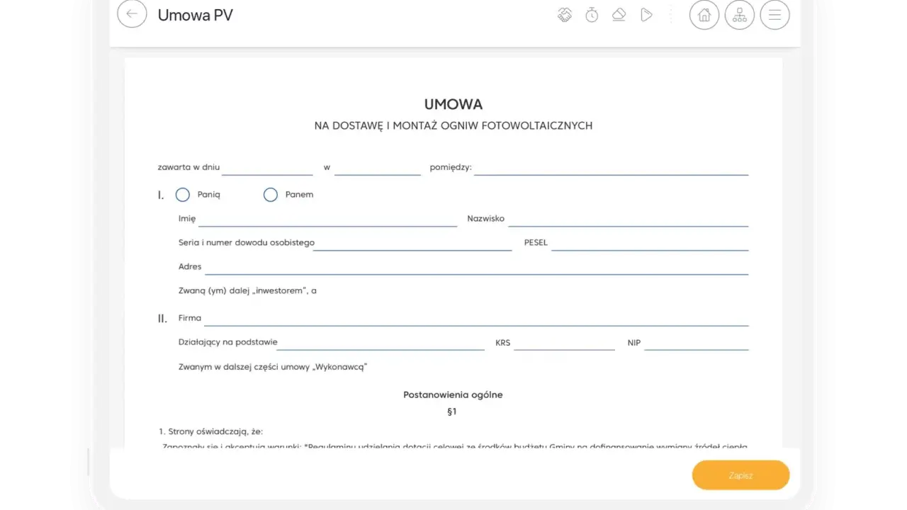 Umowa PV na dostawę i montaż ogniw fotowoltaicznych. Formularz do wypełnienia, z polami na dane inwestora i firmy, w tym PESEL i NIP. Zapisz.