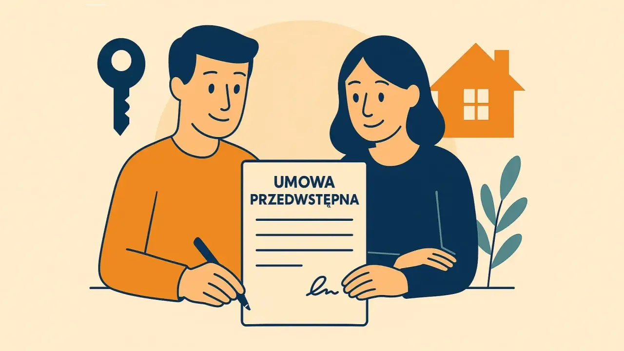 Para podpisuje umowa przedwstępna zakupu domu. Klucz i dom symbolizują przyszłe posiadanie.