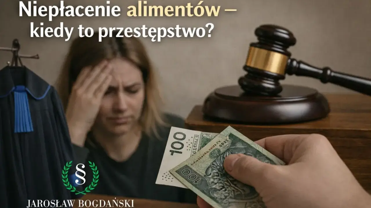 Niepłacenie alimentów to przestępstwo z art. 209 par. 1 kk. Sądowy młotek, szaty prawnicze i pieniądze symbolizują konsekwencje prawne.