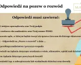 Ilustracja przedstawia mężczyznę przy biurku i kobietę piszącą w zeszycie, z pieczątką i tekstem o odpowiedzi na pozew rozwodowy.