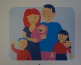 Ilustracja rodziny z niemowlęciem, starszym synem i córką. Taka rodzina może ubiegać się o kartę dużej rodziny, gdy dzieci są dorosłe.