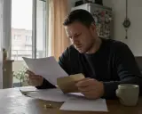 Mężczyzna czyta dokumenty, przygotowując się do rozwodu krok po kroku. Na stole leży obrączka.