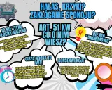 Plakat informuje o zakłócaniu spokoju, nie tylko głośnej muzyce. Przypomina, że cisza nocna to mit, a konsekwencje mogą być dotkliwe.