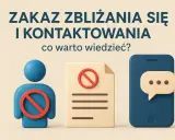 Zakaz zbliżania się i kontaktu. Ikony osoby, dokumentu i telefonu z symbolami zakazu.