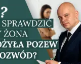 Mężczyzna w garniturze, na tle pary i pytajników. Tekst: "Jak sprawdzić czy żona złożyła pozew o rozwód?".