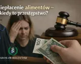 Niepłacenie alimentów to przestępstwo z art. 209 par. 1 kk. Sądowy młotek, szaty prawnicze i pieniądze symbolizują konsekwencje prawne.
