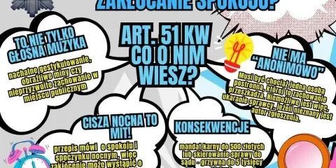 Grafika informuje o zakłócaniu spokoju, hałasie i krzykach. Podkreśla, że cisza nocna to mit, a zakłócenie może wystąpić o każdej porze dnia i nocy.