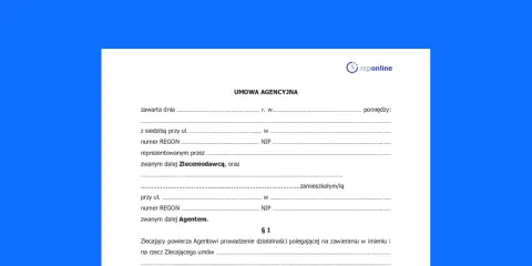 Umowa agencyjna z logo rcponline. Dokument zawiera pola do wypełnienia danych stron umowy, w tym Zleceniodawcy i Agenta.