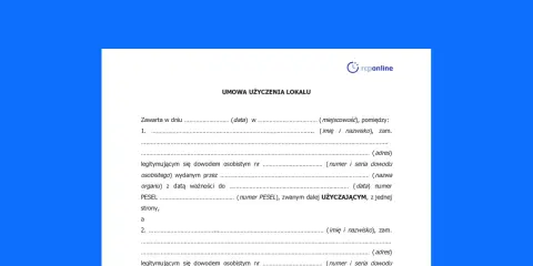 Umowa użyczenia lokalu, dokument do wypełnienia, zawiera pola na dane stron, datę i miejsce zawarcia umowy.