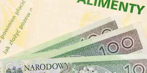 Złotówki i dokument z napisem "ALIMENTY" przypominają o obowiązku alimentacyjnym.