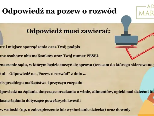 Ilustracja przedstawia mężczyznę przy biurku i kobietę piszącą w zeszycie, z pieczątką i tekstem o odpowiedzi na pozew rozwodowy.