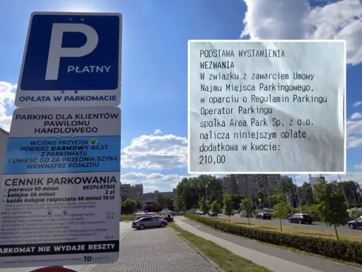 Wezwanie do zapłaty parking za nieuiszczenie opłaty parkingowej, kwota 210 zł. Znak informuje o płatnym parkingu i cenniku.