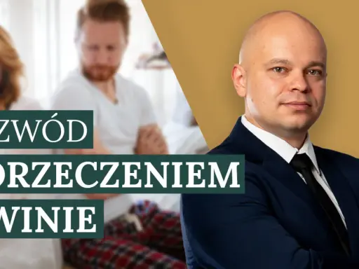 Rozwód z orzeczeniem o winie. Para w łóżku, zmartwiona. Obok prawnik w garniturze.