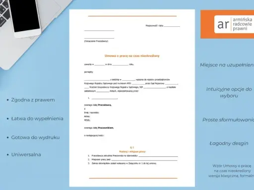 Wzór umowy o pracę na czas nieokreślony, gotowy do uzupełnienia. Komparycja umowy zawiera dane pracodawcy i pracownika.