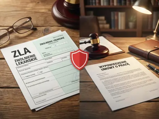 Zwolnienie lekarskie i wypowiedzenie umowy o pracę na biurku. Symbol tarczy sugeruje ochronę lub spór prawny związany z likwidacją stanowiska pracy.