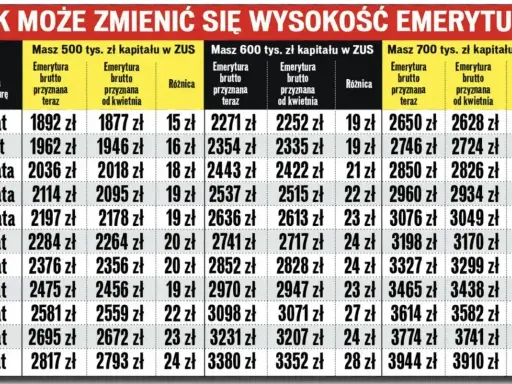 Tabela pokazuje, jak zmieni się emerytura w zależności od wieku przejścia na emeryturę i zgromadzonego kapitału. Kiedy emerytura jest wyższa, zyskujesz więcej.