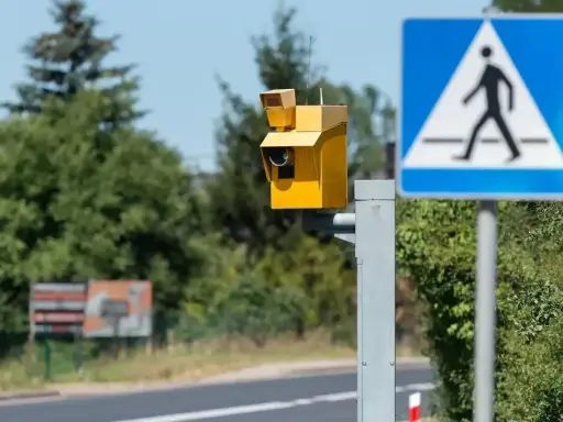 Żółta skrzynka fotoradaru obok znaku przejścia dla pieszych. Przekroczenie prędkości o 30 km ile punktów?