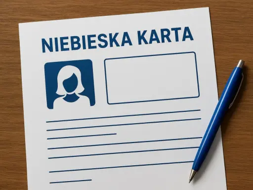 Dokument "Niebieska Karta" z ikoną osoby i pustymi polami do wypełnienia, obok niebieski długopis.