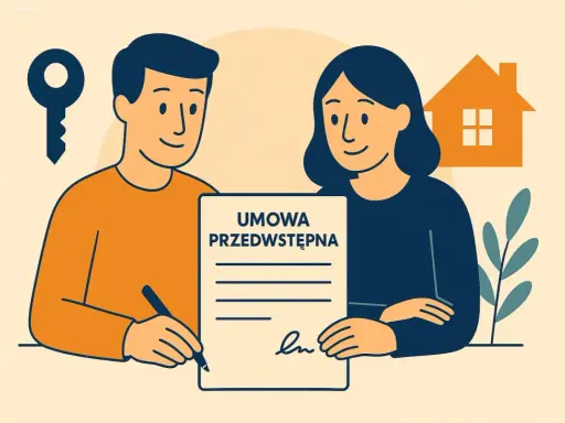 Para podpisuje umowa przedwstępna zakupu domu. Klucz i dom symbolizują przyszłe posiadanie.