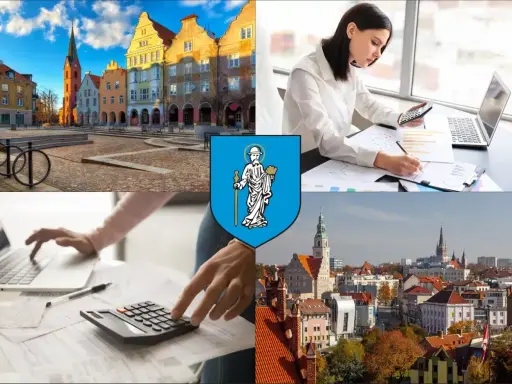 Kolaż: Rynek w Olsztynie, kobieta z kalkulatorem i laptopem, herb Olsztyna, panorama miasta.