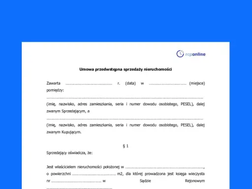 Draft umowy przedwstępnej sprzedaży nieruchomości. Dokument zawiera pola do uzupełnienia danych sprzedającego i kupującego.