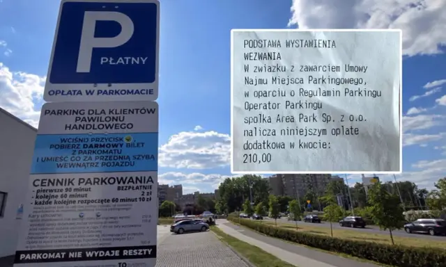 Wezwanie do zapłaty parking za nieuiszczenie opłaty parkingowej, kwota 210 zł. Znak informuje o płatnym parkingu i cenniku.