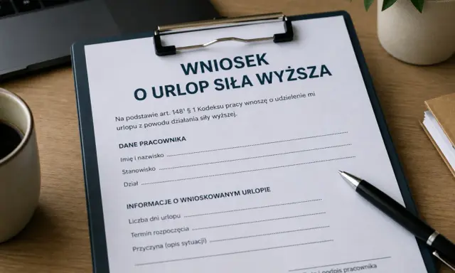 Wniosek o urlop siła wyższa. Dokument zawiera dane pracownika i informacje o wnioskowanym urlopie.