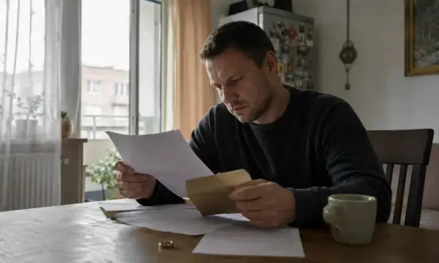 Mężczyzna czyta dokumenty, przygotowując się do rozwodu krok po kroku. Na stole leży obrączka.