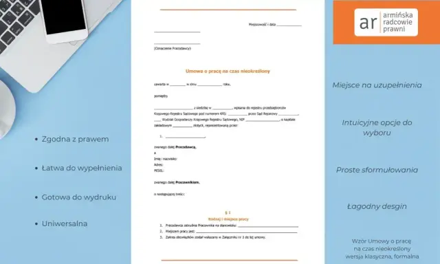 Wzór umowy o pracę na czas nieokreślony, gotowy do uzupełnienia. Komparycja umowy zawiera dane pracodawcy i pracownika.