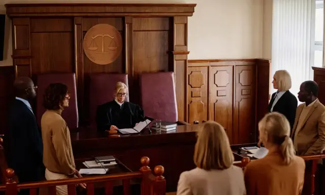 Sąd rozpatruje sprawę z art. 233 kk. Sędzia w todze, oskarżeni i świadkowie czekają na werdykt.