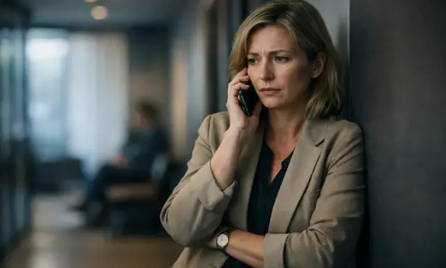 Zmartwiona kobieta rozmawia przez telefon, martwiąc się o odsetki ustawowe.