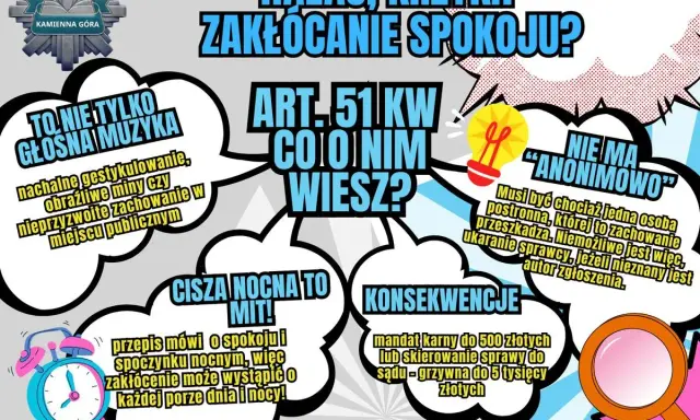 Plakat informuje o zakłócaniu spokoju, nie tylko głośnej muzyce. Przypomina, że cisza nocna to mit, a konsekwencje mogą być dotkliwe.