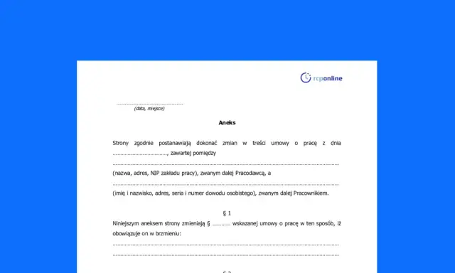 Dokument "Aneks" do umowy o pracę, zawierający dane pracodawcy i pracownika oraz postanowienia dotyczące zmian w umowie.
