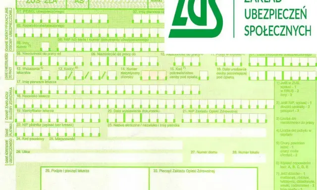 Formularz ZUS ZLA do zgłaszania zmian w L4. Zawiera dane ubezpieczonego, lekarza i płatnika.