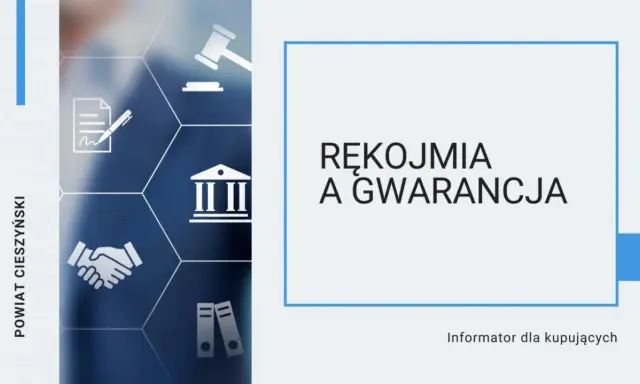 Rękojmia a gwarancja – informator dla kupujących. Grafika przedstawia ikony związane z prawem i umowami.