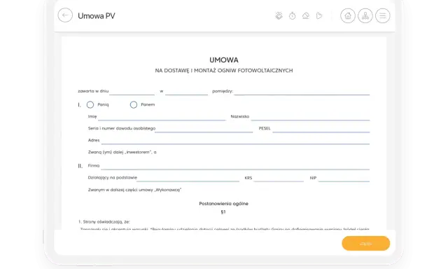 Umowa PV na dostawę i montaż ogniw fotowoltaicznych. Formularz do wypełnienia, z polami na dane inwestora i firmy, w tym PESEL i NIP. Zapisz.