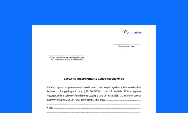 Formularz zgody na przetwarzanie danych osobowych, zgodny z klauzulą RODO. Pole na wpisanie imienia, nazwiska, miejscowości i daty.