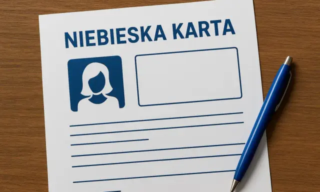 Dokument "Niebieska Karta" z ikoną osoby i pustymi polami do wypełnienia, obok niebieski długopis.