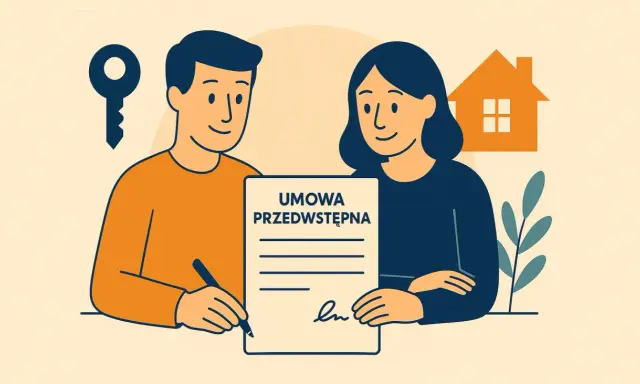 Para podpisuje umowa przedwstępna zakupu domu. Klucz i dom symbolizują przyszłe posiadanie.