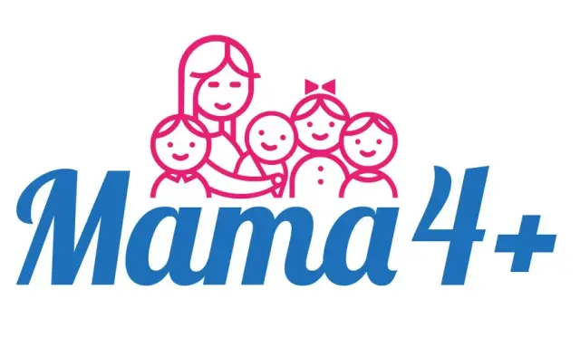 Logo Mama 4+ z uśmiechniętą mamą i czwórką dzieci.