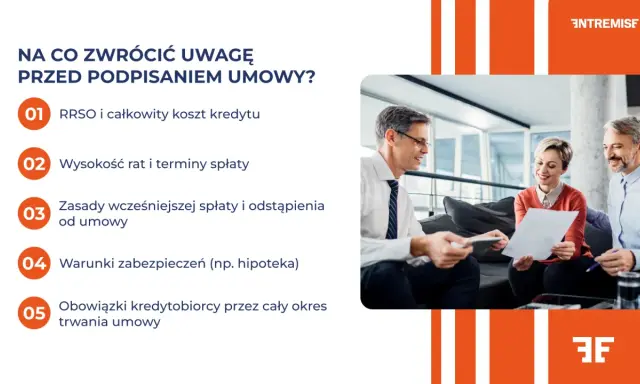 Trzy osoby omawiają umowę kredytową, analizując kluczowe punkty przed jej podpisaniem.
