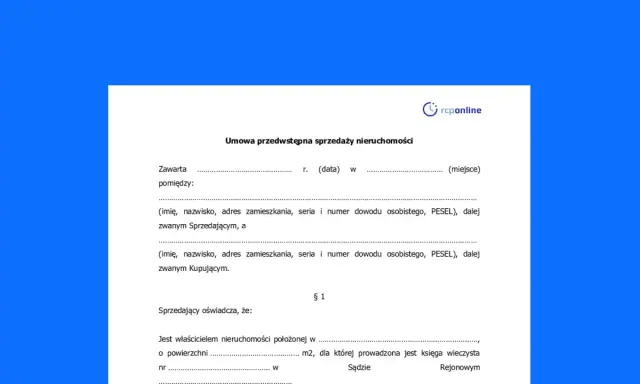 Draft umowy przedwstępnej sprzedaży nieruchomości. Dokument zawiera pola do uzupełnienia danych sprzedającego i kupującego.