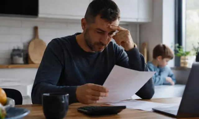 Zmartwiony mężczyzna przegląda dokumenty, licząc koszty utrzymania dziecka. W tle widać syna.