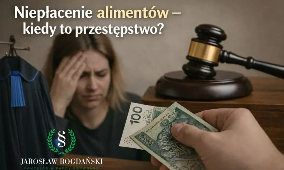 Niepłacenie alimentów to przestępstwo z art. 209 par. 1 kk. Sądowy młotek, szaty prawnicze i pieniądze symbolizują konsekwencje prawne.