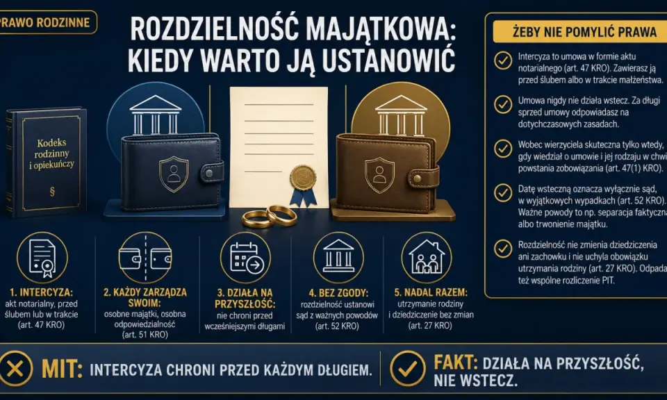 Rozdzielność majątkowa: intercyza chroni przed długami przyszłymi, nie przeszłymi. Akt notarialny, portfele, obrączki.