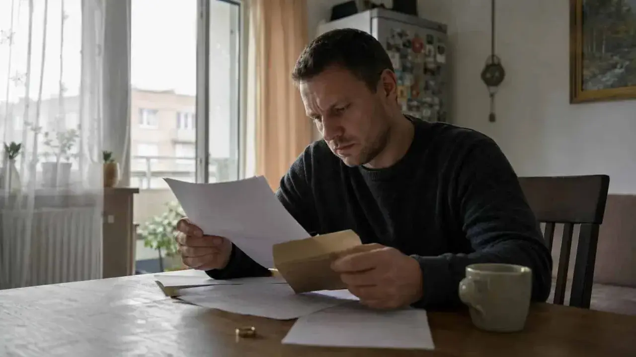 Mężczyzna czyta dokumenty, przygotowując się do rozwodu krok po kroku. Na stole leży obrączka.