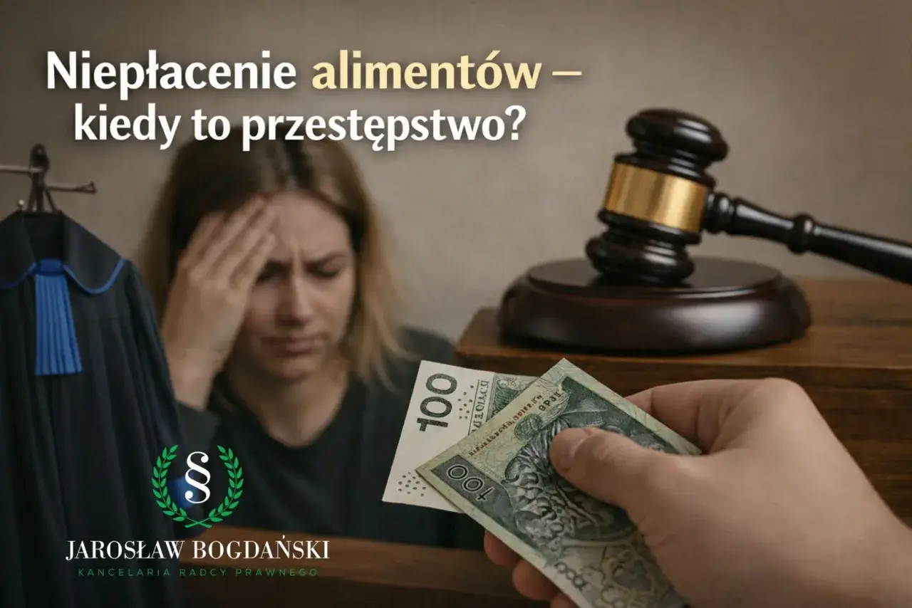 Niepłacenie alimentów to przestępstwo z art. 209 par. 1 kk. Sądowy młotek, szaty prawnicze i pieniądze symbolizują konsekwencje prawne.